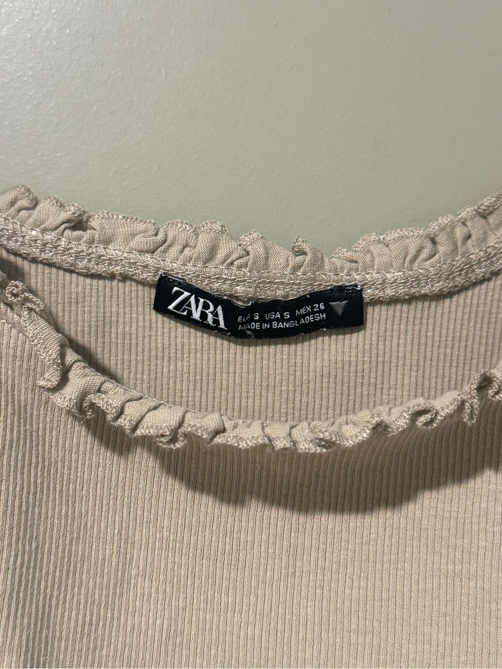 Zara Ribbed Ruffle-Trim Crop Top - Taupe - Picture 2 of 3